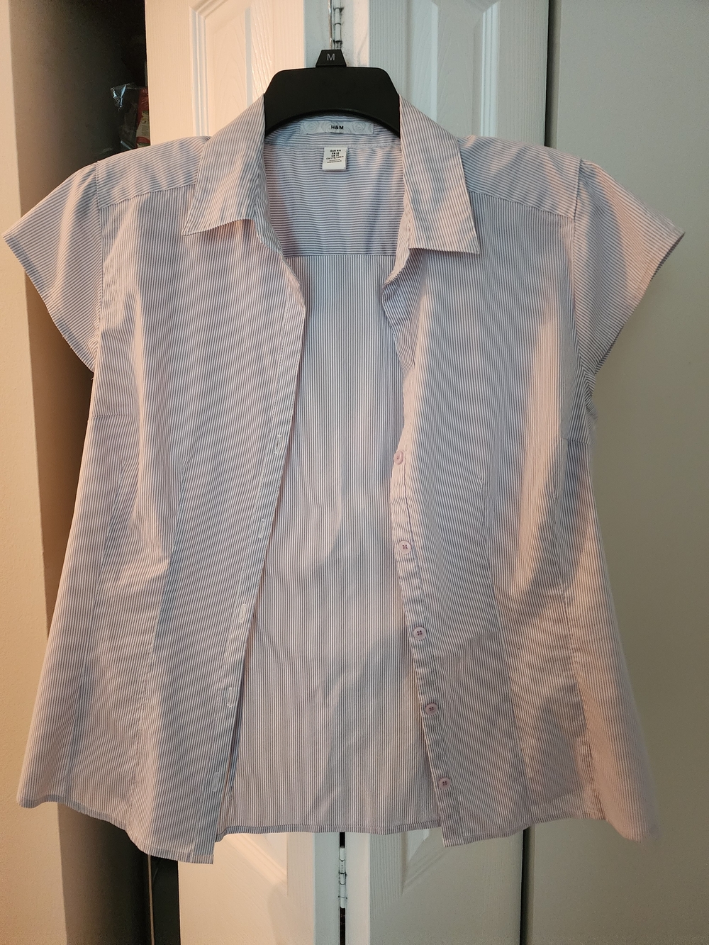 H&M Light Blue and White Striped Short Sleeve Button-Up Blouse